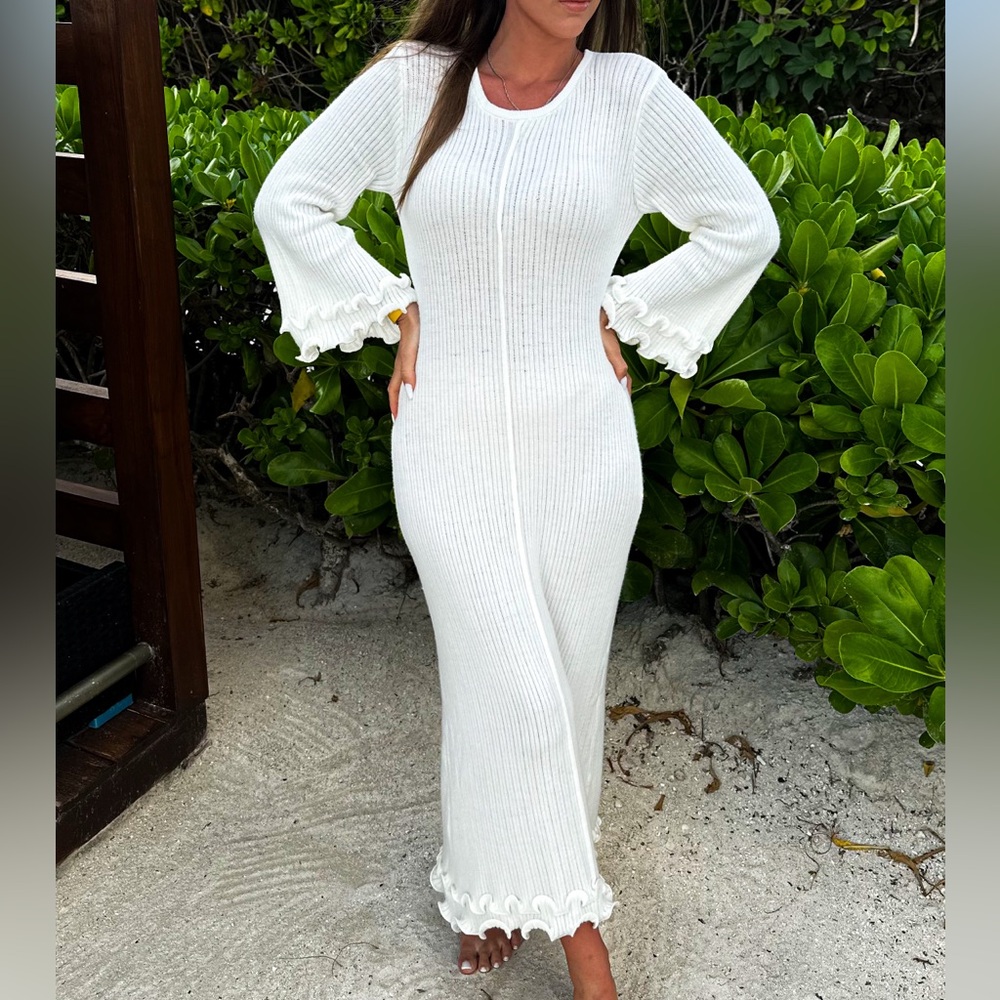 Women’s White Ribbed Maxi Dress with Bell Sleeves - Picture 2 of 6